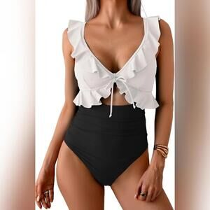 NWT Eomenie One Piece V Neck Ruffle Ruched Cutout Swimsuit, Small